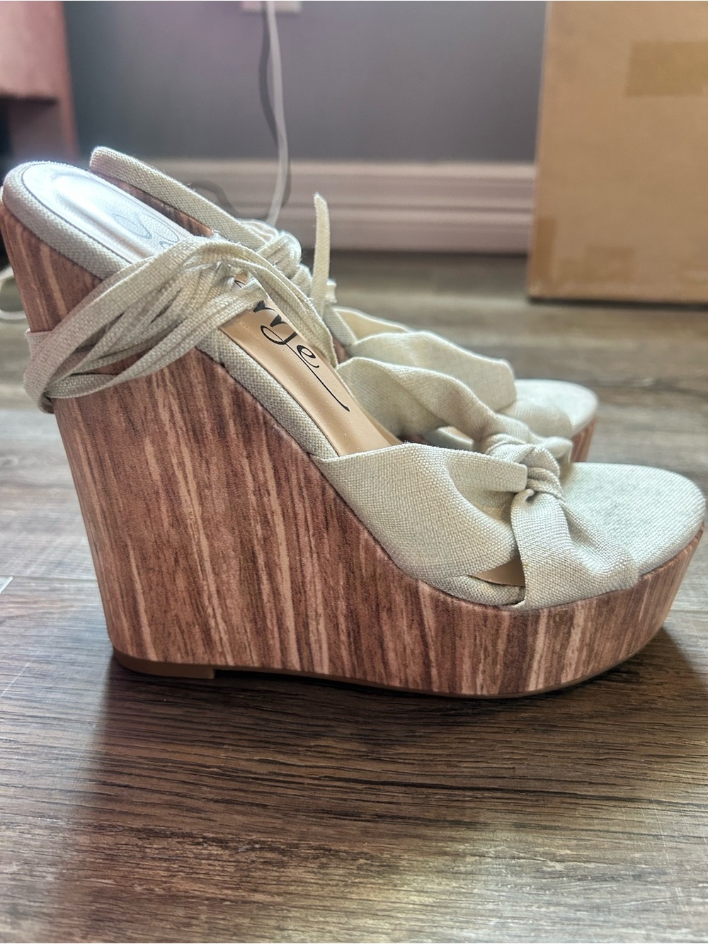 So Me Neutral Beige Tie-Front Platform Wedge Sandals